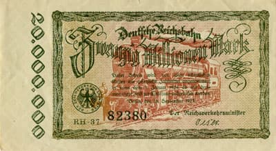 Notgeld Deutsche Reichsbahn - Berlin - 20&nbsp;000&nbsp;000&nbsp;mark - s�rie&nbsp;RH-37 - n�&nbsp;82380 - 18&nbsp;septembre&nbsp;1923 - face