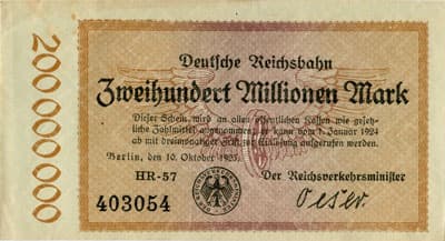 Notgeld Deutsche Reichsbahn - Berlin - 200&nbsp;000&nbsp;000&nbsp;mark - s�rie&nbsp;HR-57 - n�&nbsp;403054 - 10&nbsp;octobre&nbsp;1923 - face