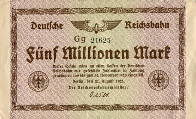 Notgeld Deutsche Reichsbahn - Berlin - 5&nbsp;000&nbsp;000&nbsp;mark - s�rie&nbsp;Gg - n�&nbsp;21625 - 22&nbsp;ao�t&nbsp;1923 - face