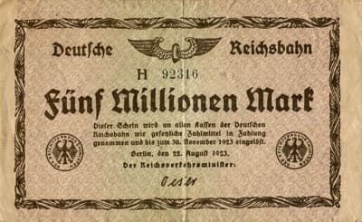 Notgeld Deutsche Reichsbahn - Berlin - 5&nbsp;000&nbsp;000&nbsp;mark - s�rie&nbsp;H - n�&nbsp;92316 - 22&nbsp;ao�t&nbsp;1923 - face