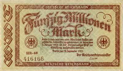 Notgeld Deutsche Reichsbahn - Berlin - 50&nbsp;000&nbsp;000&nbsp;mark - 18&nbsp;septembre&nbsp;1923 - s�rie&nbsp;HR-46 - n�&nbsp;416166 - face