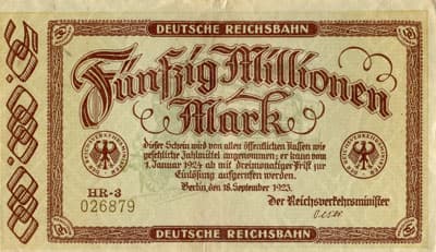 Notgeld Deutsche Reichsbahn - Berlin - 50&nbsp;000&nbsp;000&nbsp;mark - 18&nbsp;septembre&nbsp;1923 - s�rie&nbsp;HR-3 - n�&nbsp;026879 - face