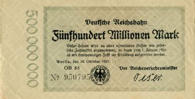 Notgeld Deutsche Reichsbahn - Berlin - 500&nbsp;000&nbsp;000&nbsp;mark - s�rie&nbsp;OB&nbsp;53 - n�&nbsp;950795 - 10&nbsp;octobre&nbsp;1923 - face