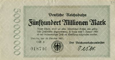 Notgeld Deutsche Reichsbahn - Berlin - 500&nbsp;000&nbsp;000&nbsp;mark - s�rie&nbsp;OB&nbsp;3 - n�&nbsp;018746 - 10&nbsp;octobre&nbsp;1923 - face