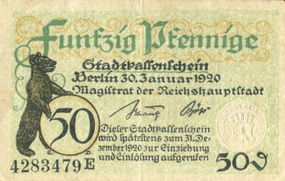 Notgeld Stadtkassenschein Berlin - Magistrat der Reichshauptstadt - s�rie E - n� 4283479 - 30 Janvier 1920 - dos