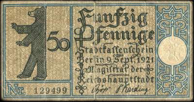 Notgeld Stadtkassenschein Berlin - Magistrat der Reichshauptstadt - 50 pfennige n� 129499 - 9 Septembre 1921 - Bezirk 1 Mitte - Berliner Rathaus im Jahre 1819 - dos