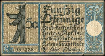 Notgeld Stadtkassenschein Berlin - Magistrat der Reichshauptstadt - 50 pfennige n� 957238 - 9 Septembre 1921 - Bezirk 11 Sch�neberg - Dorf Sch�neberg um 1820 - dos