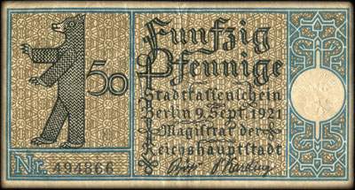 Notgeld Stadtkassenschein Berlin - Magistrat der Reichshauptstadt - 50 pfennige n� 494866 - 9 Septembre 1921 - Bezirk 12 Steglitz - Fr�here Kirche von Steglitz aus dem 13 Jahr hundert - dos