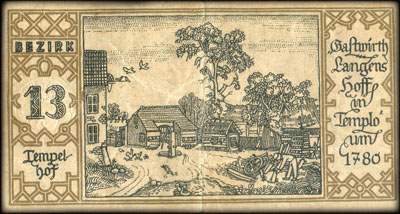 Notgeld Stadtkassenschein Berlin - Magistrat der Reichshauptstadt - 50 pfennige n� 683787 - 9 Septembre 1921 - Bezirk 13 Tempelhof - Gastwirth Langens hoff in Templo um 1780 - face