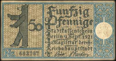 Notgeld Stadtkassenschein Berlin - Magistrat der Reichshauptstadt - 50 pfennige n� 683787 - 9 Septembre 1921 - Bezirk 13 Tempelhof - Gastwirth Langens hoff in Templo um 1780 - dos