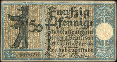 Notgeld Stadtkassenschein Berlin - Magistrat der Reichshauptstadt - 50 pfennige n� 565625 - 9 Septembre 1921 - Bezirk 18 Wei�ensee - Wei�ensee um 1800 - dos