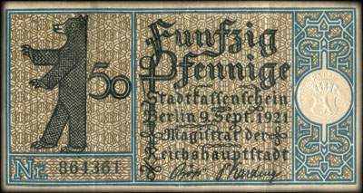 Notgeld Stadtkassenschein Berlin - Magistrat der Reichshauptstadt - 50 pfennige n� 864361 - 9 Septembre 1921 - Bezirk 19 Pankow - Geh�ft in Pankow um 1770 - dos