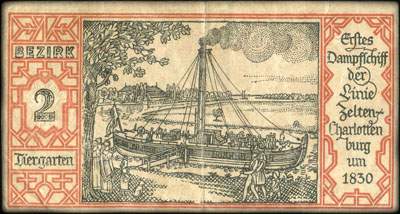 Notgeld Stadtkassenschein Berlin - Magistrat der Reichshauptstadt - 50 pfennige n� 436802 - 9 Septembre 1921 - Bezirk 2 Tiergarten - Erstes Dampfschiff der Linie Zelten-Charlottenburg um 1830 - face