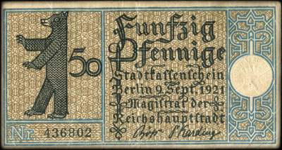 Notgeld Stadtkassenschein Berlin - Magistrat der Reichshauptstadt - 50 pfennige n� 436802 - 9 Septembre 1921 - Bezirk 2 Tiergarten - Erstes Dampfschiff der Linie Zelten-Charlottenburg um 1830 - dos