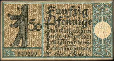 Notgeld Stadtkassenschein Berlin - Magistrat der Reichshauptstadt - 50 pfennige n� 649229 - 9 Septembre 1921 - Bezirk 6 Kreuzberg - Das Hallesches Tor um Jahre 1845 - dos