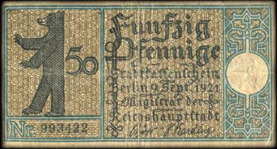 Notgeld Stadtkassenschein Berlin - Magistrat der Reichshauptstadt - 50 pfennige n� 993422 - 9 Septembre 1921 - Bezirk 7 Charlottenburg - Die Berliner Strasse in Charlottenburg um 1820 - dos