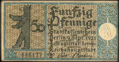 Notgeld Stadtkassenschein Berlin - Magistrat der Reichshauptstadt - 50 pfennige n� 648177 - 9 Septembre 1921 - Bezirk 9 Wilmersdorf - Jagschloss Grunewald erbaut im 16 Jahr hundert - dos