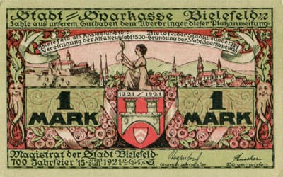 Notgeld der Stadt Sparkasse Bielefeld (Nordrhein-Westfalen - Allemagne) - 1 mark - 15&nbsp;juillet&nbsp;1921 - s�rie&nbsp;A - n�&nbsp;17455 - num�ro � l'encre noire - face