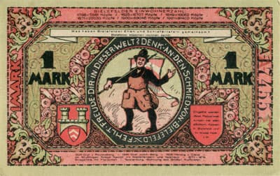 Notgeld der Stadt Sparkasse Bielefeld (Nordrhein-Westfalen - Allemagne) - 1 mark - 15&nbsp;juillet&nbsp;1921 - s�rie&nbsp;A - n�&nbsp;17455 - num�ro � l'encre noire - dos