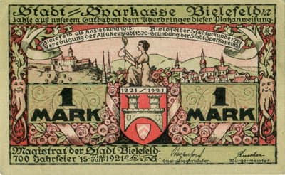 Notgeld der Stadt Sparkasse Bielefeld (Nordrhein-Westfalen - Allemagne) - 1 mark - 15&nbsp;juillet&nbsp;1921 - s�rie&nbsp;A - n�&nbsp;26190 - num�ro � l'encre violette - face