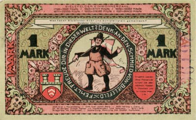 Notgeld der Stadt Sparkasse Bielefeld (Nordrhein-Westfalen - Allemagne) - 1 mark - 15&nbsp;juillet&nbsp;1921 - s�rie&nbsp;A - n�&nbsp;26190 - num�ro � l'encre violette - dos