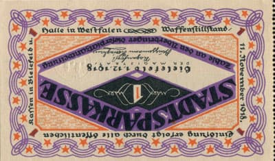 Notgeld der Stadt Sparkasse Bielefeld (Nordrhein-Westfalen - Allemagne) - 1 mark - 1&nbsp;d�cembre&nbsp;1918 - n�&nbsp;19596 - pas de lettre de s�rie  + num�ro � 5&nbsp;chiffres - face