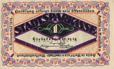 Notgeld der Stadt Sparkasse Bielefeld (Nordrhein-Westfalen - Allemagne) - 1 mark - 1&nbsp;d�cembre&nbsp;1918 - s�rie&nbsp;B - n�&nbsp;104751 - num�ro � 6&nbsp;chiffres - face