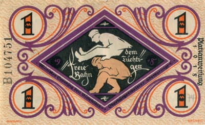 Notgeld der Stadt Sparkasse Bielefeld (Nordrhein-Westfalen - Allemagne) - 1 mark - 1&nbsp;d�cembre&nbsp;1918 - s�rie&nbsp;B - n�&nbsp;104751 - num�ro � 6&nbsp;chiffres - dos