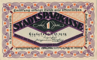Notgeld der Stadt Sparkasse Bielefeld (Nordrhein-Westfalen - Allemagne) - 1 mark - 1&nbsp;d�cembre&nbsp;1918 - s�rie&nbsp;B - n�&nbsp;41199 - num�ro � 5&nbsp;chiffres - face