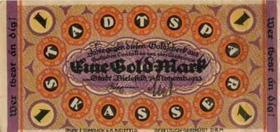 Notgeld der Stadt Sparkasse Bielefeld (Nordrhein-Westfalen - Allemagne) - 1 gold mark - 10/42&nbsp;dollar - 24&nbsp;novembre&nbsp;1923 - face
