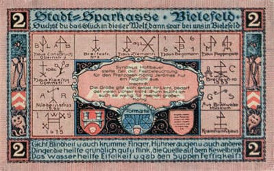 Notgeld der Stadt Sparkasse Bielefeld (Nordrhein-Westfalen - Allemagne) - 2 mark - 15&nbsp;juillet&nbsp;1921 - s�rie&nbsp;A - n�&nbsp;132460 - num�ro � l'encre noire + num�ro � 6&nbsp;chiffres - face
