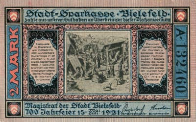 Notgeld der Stadt Sparkasse Bielefeld (Nordrhein-Westfalen - Allemagne) - 2 mark - 15&nbsp;juillet&nbsp;1921 - s�rie&nbsp;A - n�&nbsp;132460 - num�ro � l'encre noire + num�ro � 6&nbsp;chiffres - dos