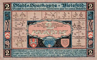 Notgeld der Stadt Sparkasse Bielefeld (Nordrhein-Westfalen - Allemagne) - 2 mark - 15&nbsp;juillet&nbsp;1921 - s�rie&nbsp;A - n�&nbsp;67617 - num�ro � l'encre noire + num�ro � 5&nbsp;chiffres - face