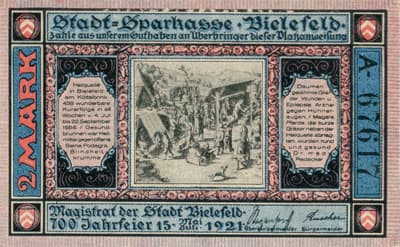 Notgeld der Stadt Sparkasse Bielefeld (Nordrhein-Westfalen - Allemagne) - 2 mark - 15&nbsp;juillet&nbsp;1921 - s�rie&nbsp;A - n�&nbsp;67617 - num�ro � l'encre noire + num�ro � 5&nbsp;chiffres - dos