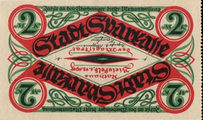 Notgeld der Stadt Sparkasse Bielefeld (Nordrhein-Westfalen - Allemagne) - 2 mark - 1&nbsp;d�cembre&nbsp;1918 - n�&nbsp;3764 - face