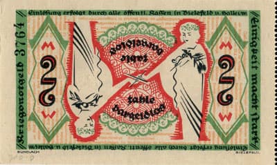Notgeld der Stadt Sparkasse Bielefeld (Nordrhein-Westfalen - Allemagne) - 2 mark - 1&nbsp;d�cembre&nbsp;1918 - n�&nbsp;3764 - dos