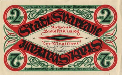 Notgeld der Stadt Sparkasse Bielefeld (Nordrhein-Westfalen - Allemagne) - 2 mark - 1&nbsp;d�cembre&nbsp;1918 - s�rie&nbsp;B - n�&nbsp;1622 - face