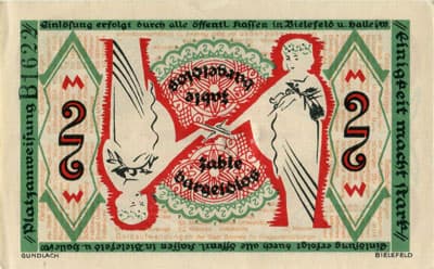 Notgeld der Stadt Sparkasse Bielefeld (Nordrhein-Westfalen - Allemagne) - 2 mark - 1&nbsp;d�cembre&nbsp;1918 - s�rie&nbsp;B - n�&nbsp;1622 - dos