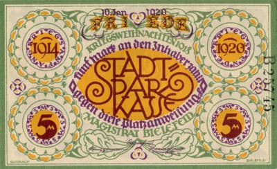 Notgeld der Stadt Sparkasse Bielefeld (Nordrhein-Westfalen - Allemagne) - 5&nbsp;mark - 10&nbsp;janvier&nbsp;1920 - s�rie&nbsp;B - n�&nbsp;25745 - face