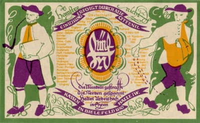 Notgeld der Stadt Sparkasse Bielefeld (Nordrhein-Westfalen - Allemagne) - 5&nbsp;mark - 10&nbsp;janvier&nbsp;1920 - s�rie&nbsp;B - n�&nbsp;25745 - dos
