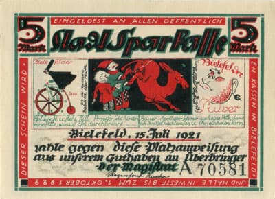 Notgeld der Stadt Sparkasse Bielefeld (Nordrhein-Westfalen - Allemagne) - 5&nbsp;mark - 15&nbsp;juillet&nbsp;1921 - s�rie&nbsp;A - n�&nbsp;70581 - face