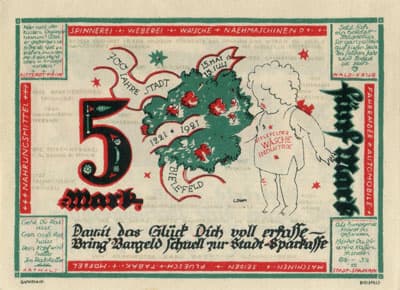 Notgeld der Stadt Sparkasse Bielefeld (Nordrhein-Westfalen - Allemagne) - 5&nbsp;mark - 15&nbsp;juillet&nbsp;1921 - s�rie&nbsp;A - n�&nbsp;70581 - dos