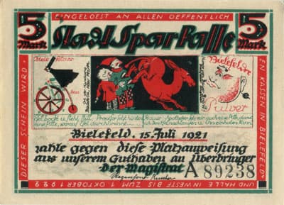Notgeld der Stadt Sparkasse Bielefeld (Nordrhein-Westfalen - Allemagne) - 5&nbsp;mark - 15&nbsp;juillet&nbsp;1921 - s�rie&nbsp;A - n�&nbsp;89238 - d�bordement vert dans le 5 de gauche - face