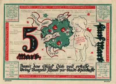 Notgeld der Stadt Sparkasse Bielefeld (Nordrhein-Westfalen - Allemagne) - 5&nbsp;mark - 15&nbsp;juillet&nbsp;1921 - s�rie&nbsp;A - n�&nbsp;89238 - d�bordement vert dans le 5 de gauche - dos