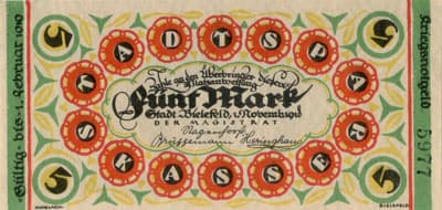 Notgeld der Stadt Sparkasse Bielefeld (Nordrhein-Westfalen - Allemagne) - 5 mark - 1&nbsp;novembre&nbsp;1918 - n�&nbsp;5977 - num�ro � 4&nbsp;chiffres - face