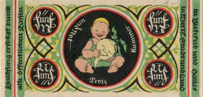 Notgeld der Stadt Sparkasse Bielefeld (Nordrhein-Westfalen - Allemagne) - 5 mark - 1&nbsp;novembre&nbsp;1918 - n�&nbsp;5977 - num�ro � 4&nbsp;chiffres - dos