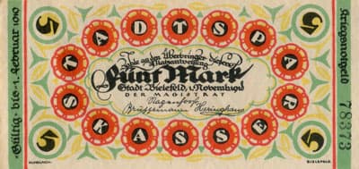 Notgeld der Stadt Sparkasse Bielefeld (Nordrhein-Westfalen - Allemagne) - 5 mark - 1&nbsp;novembre&nbsp;1918 - n�&nbsp;78373 - num�ro � 5&nbsp;chiffres - face