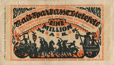 Notgeld der Stadt Sparkasse Bielefeld (Nordrhein-Westfalen - Allemagne) - 1&nbsp;000&nbsp;000&nbsp;mark - 11&nbsp;ao�t&nbsp;1923 - perfor� - face