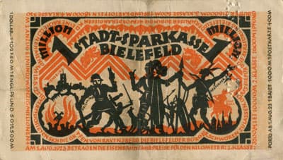Notgeld der Stadt Sparkasse Bielefeld (Nordrhein-Westfalen - Allemagne) - 1&nbsp;000&nbsp;000&nbsp;mark - 11&nbsp;ao�t&nbsp;1923 - perfor� - dos