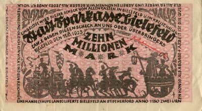 Notgeld der Stadt Sparkasse Bielefeld (Nordrhein-Westfalen - Allemagne) - 5&nbsp;000&nbsp;000&nbsp;mark - 11&nbsp;ao�t&nbsp;1923 - signature&nbsp;1 - face
